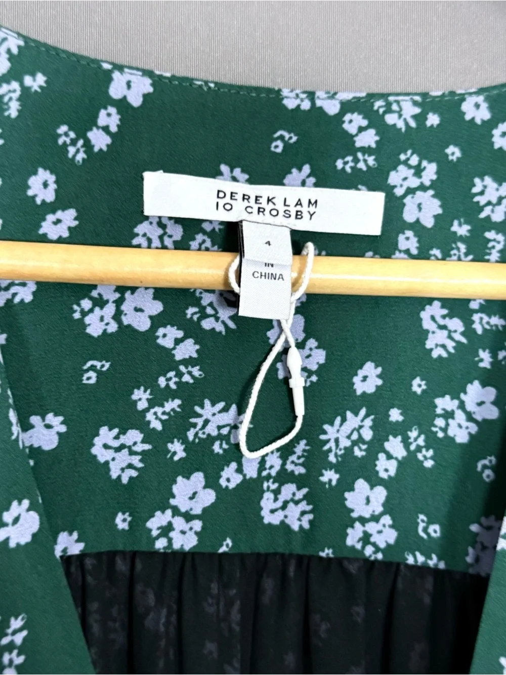 Derek Lam 10 Crosby Green Ditsy Floral Twist Front Short Dress Size 4 - Picture 4 of 10